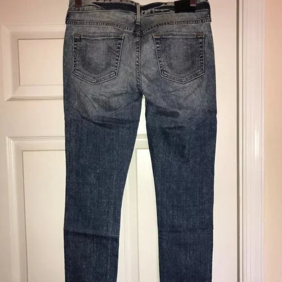 True Religion Casey Low Rise Super Skinny Jean in Blue with Gold Sequins Size 27